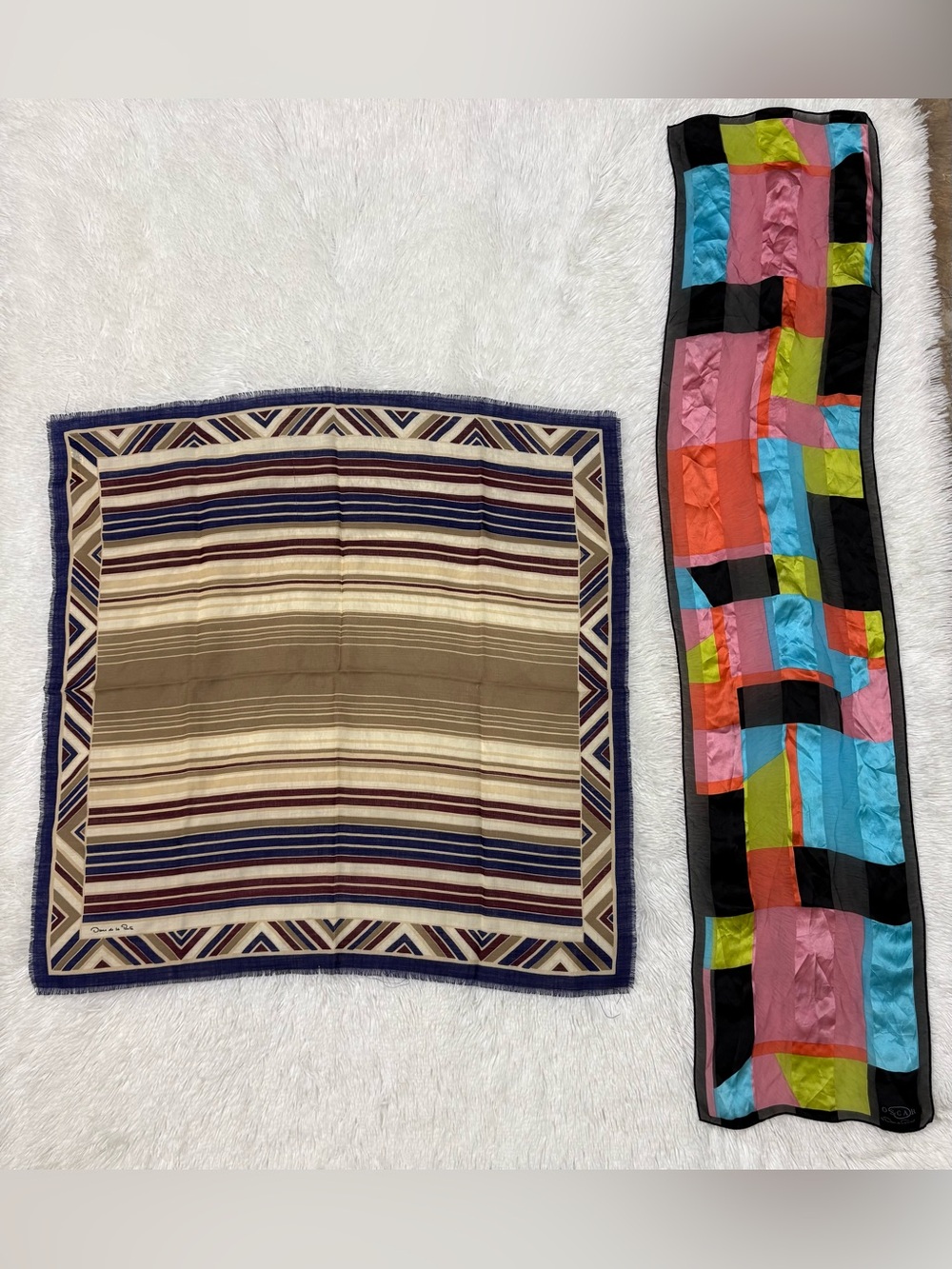 Bundle Oscar de la Renta Colorblock Silk Square Scarf in Pink, Blue & Lime